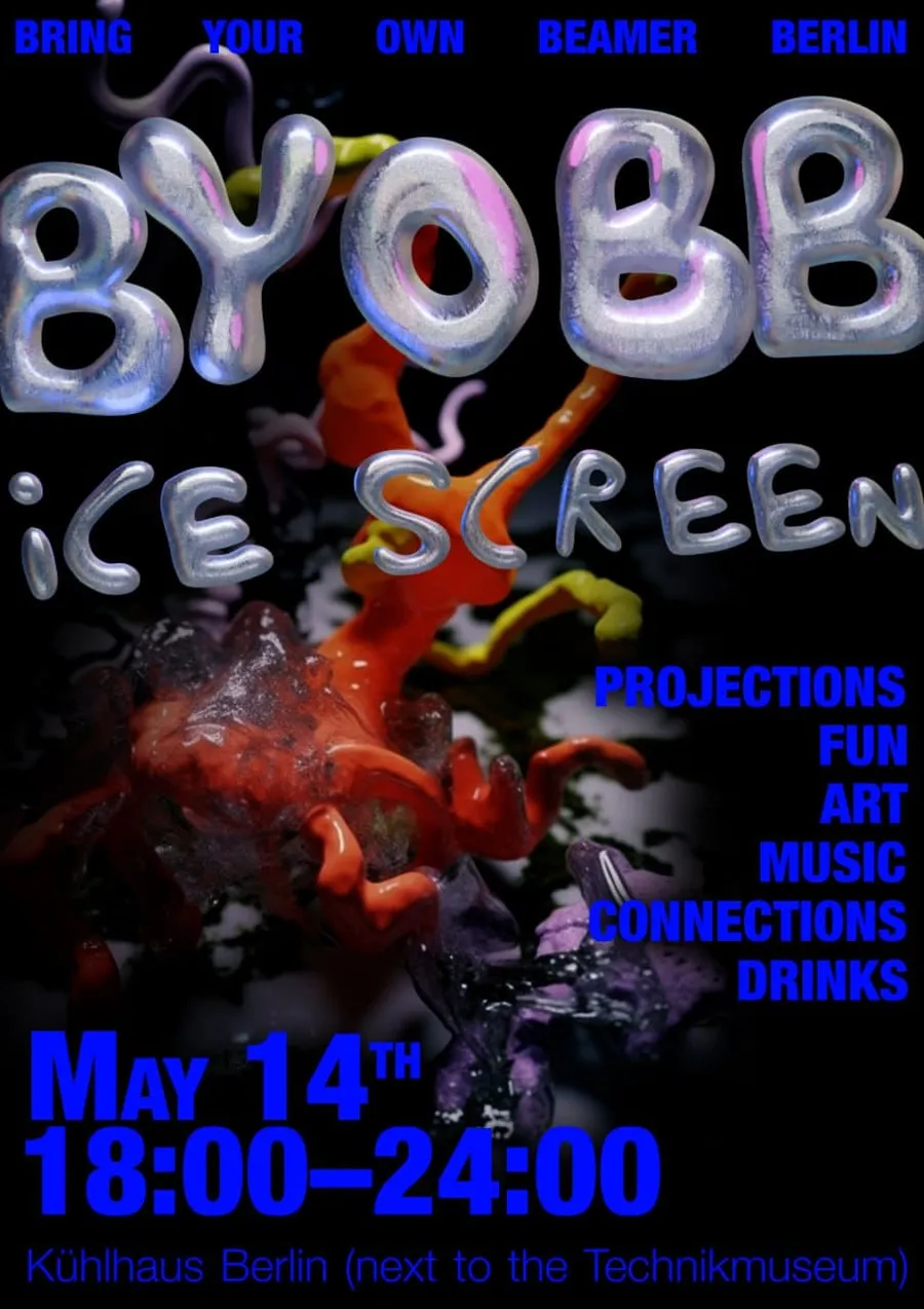 Ice Screen poster in blue and orange announcing projections, art, music and performance on 14 May, 18:00–24:00