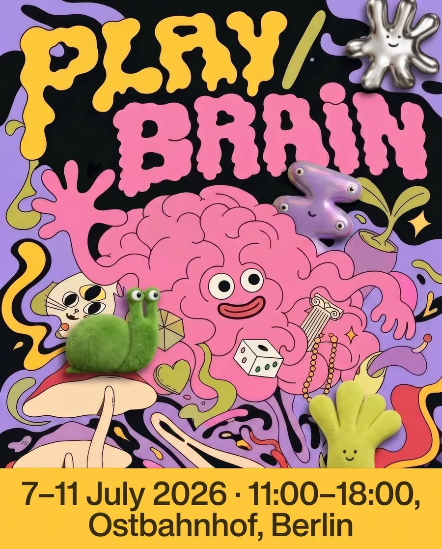 Play/Brain poster with an illustrated pink brain, showing 7–11 July 2026, 11:00–18:00, Ostbahnhof, Berlin